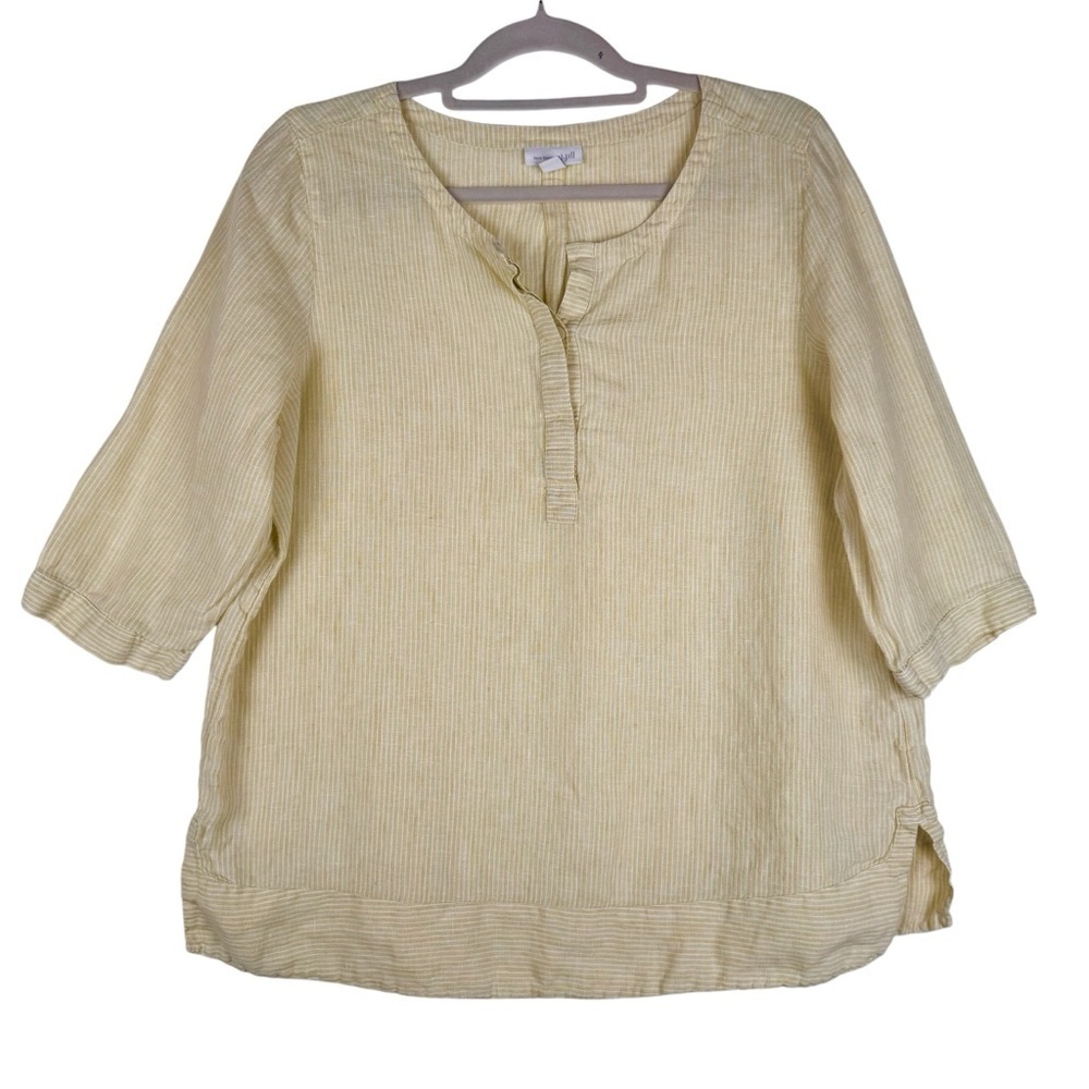 J. JILL LOVE LINEN 3/4-Sleeve Pinstriped Henley Top Size Medium in Yellow/White